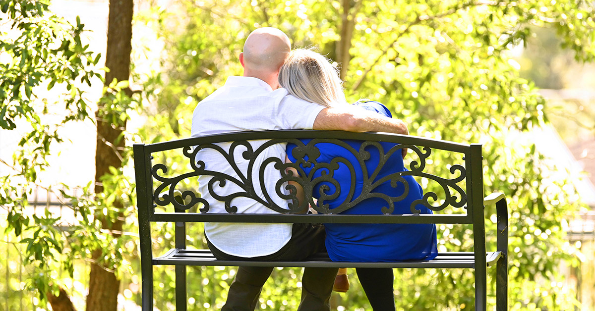 Man and woman sitting on a bench.