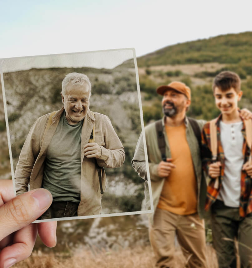 Three men from different generations appear to be hiking through the wilderness. Looking closer we notice that the older man isn't actually there. In fact, he is framed in an aging photograph, held in position by an unseen viewer.